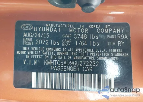 2016 Hyundai Veloster из США, поврежденный, VIN KMHTC6AD9GU272232